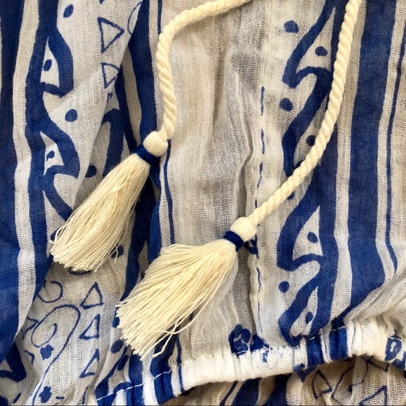 Free People Boho Blue and White Top w Tassel Ties - Picture 4 of 8